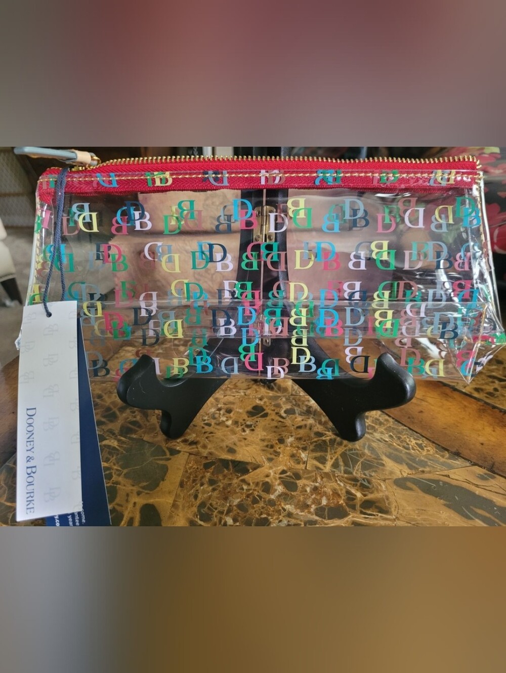 Dooney & Bourke Clear Multicolor DB Logo Pouch with Red Zipper